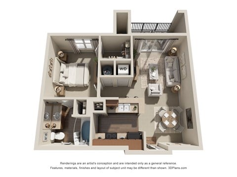 Floor plan for 1 bed, 1 bath, 637 sqft